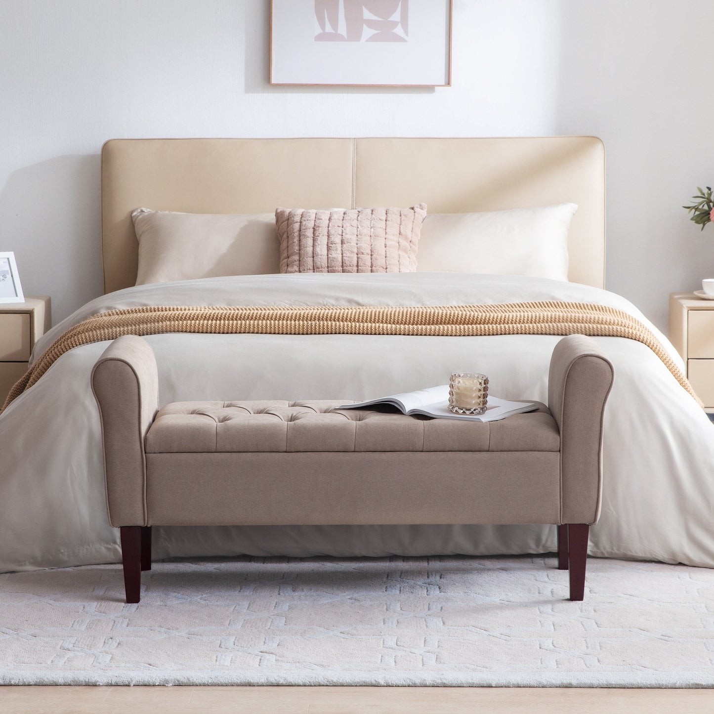 Banc de rangement rembourré avec accoudoirs, banc d'entrée avec couvercle capitonné rabattable, 128 cm (50,4 pouces).