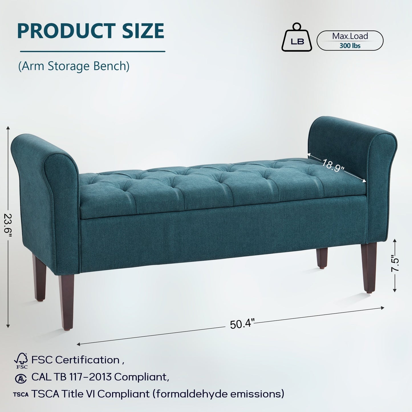Banc de rangement rembourré avec accoudoirs, banc d'entrée avec couvercle capitonné rabattable, 128 cm (50,4 pouces).