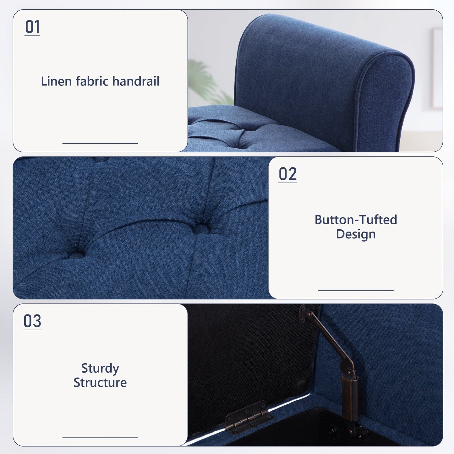 Banc de rangement rembourré avec accoudoirs, banc d'entrée avec couvercle capitonné rabattable, 128 cm (50,4 pouces).