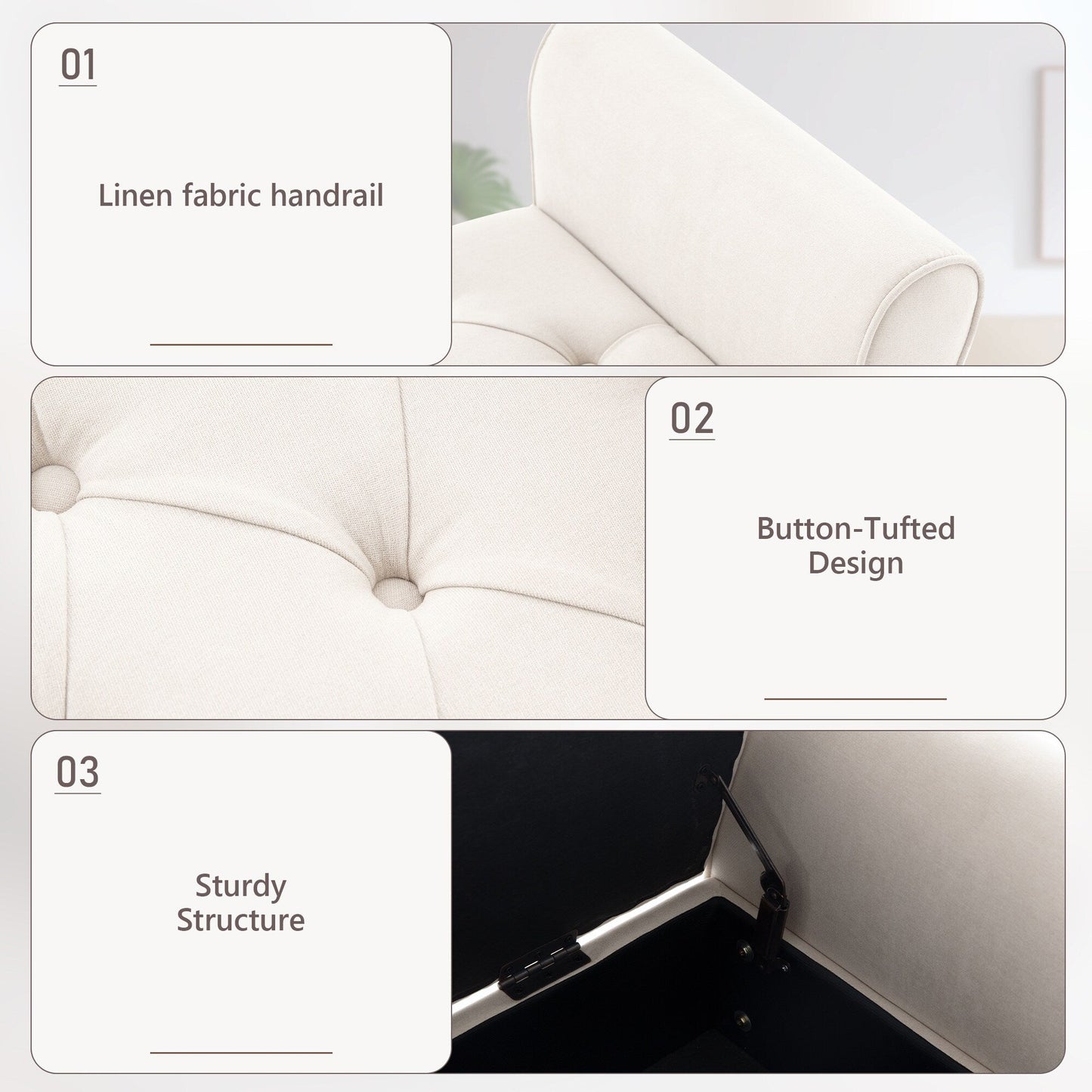 Banc de rangement rembourré avec accoudoirs, banc d'entrée avec couvercle capitonné rabattable, 128 cm (50,4 pouces).