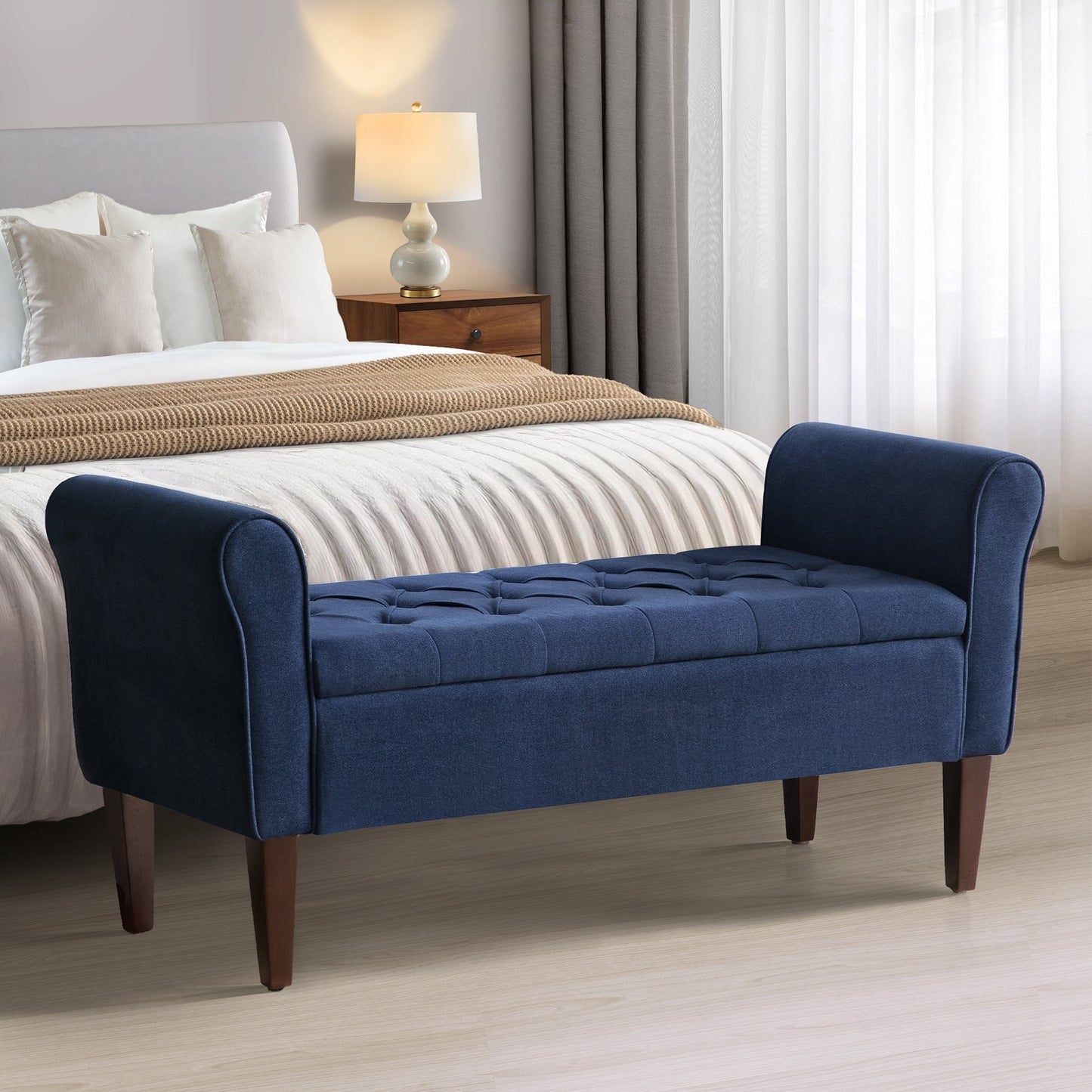 Banc de rangement rembourré avec accoudoirs, banc d'entrée avec couvercle capitonné rabattable, 128 cm (50,4 pouces).