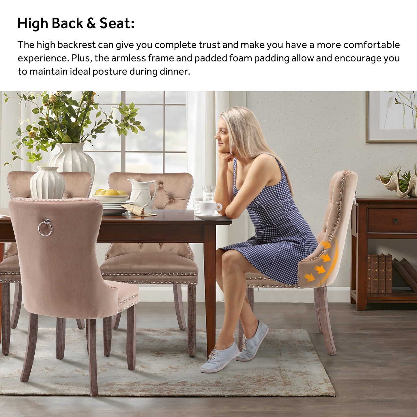 Ensemble de 6 chaises de salle à manger capitonnées en velours avec pieds en bois massif