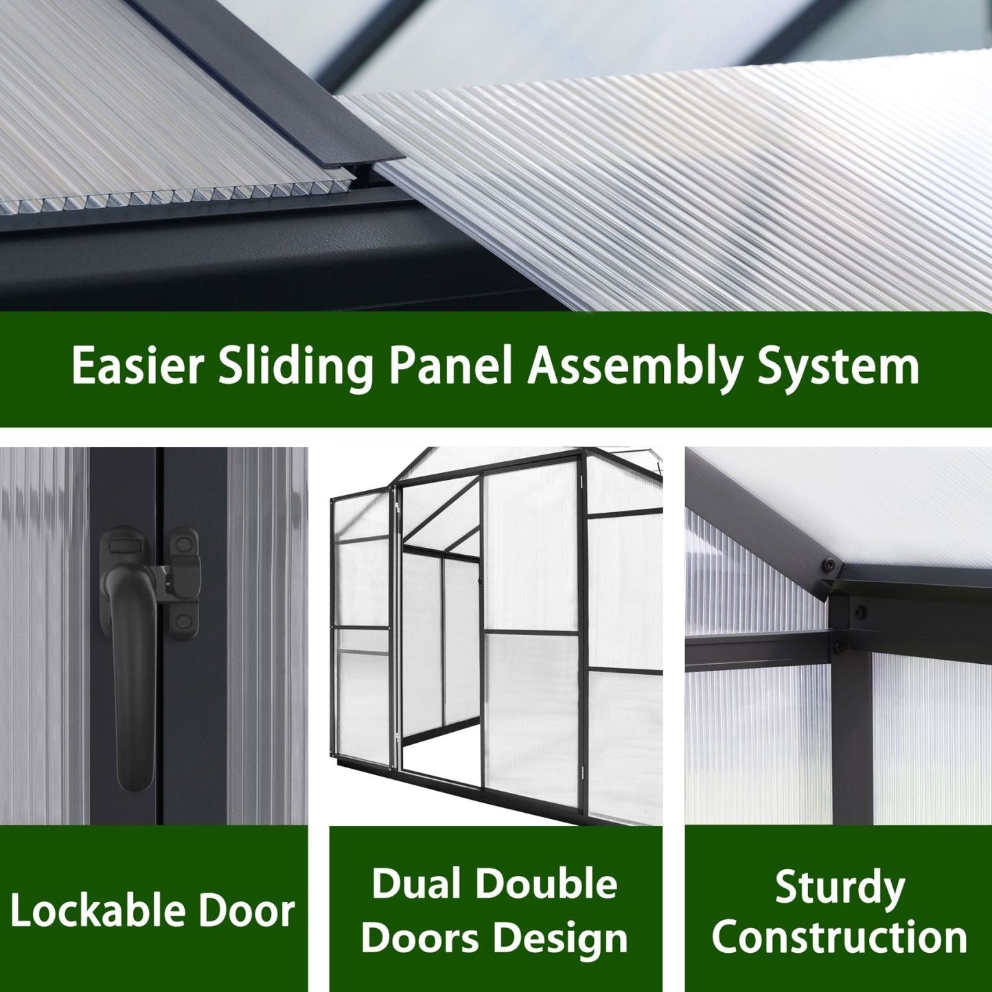 Serre de jardin VEIKOUS en aluminium, gris, avec aération de toit réglable et porte verrouillable.