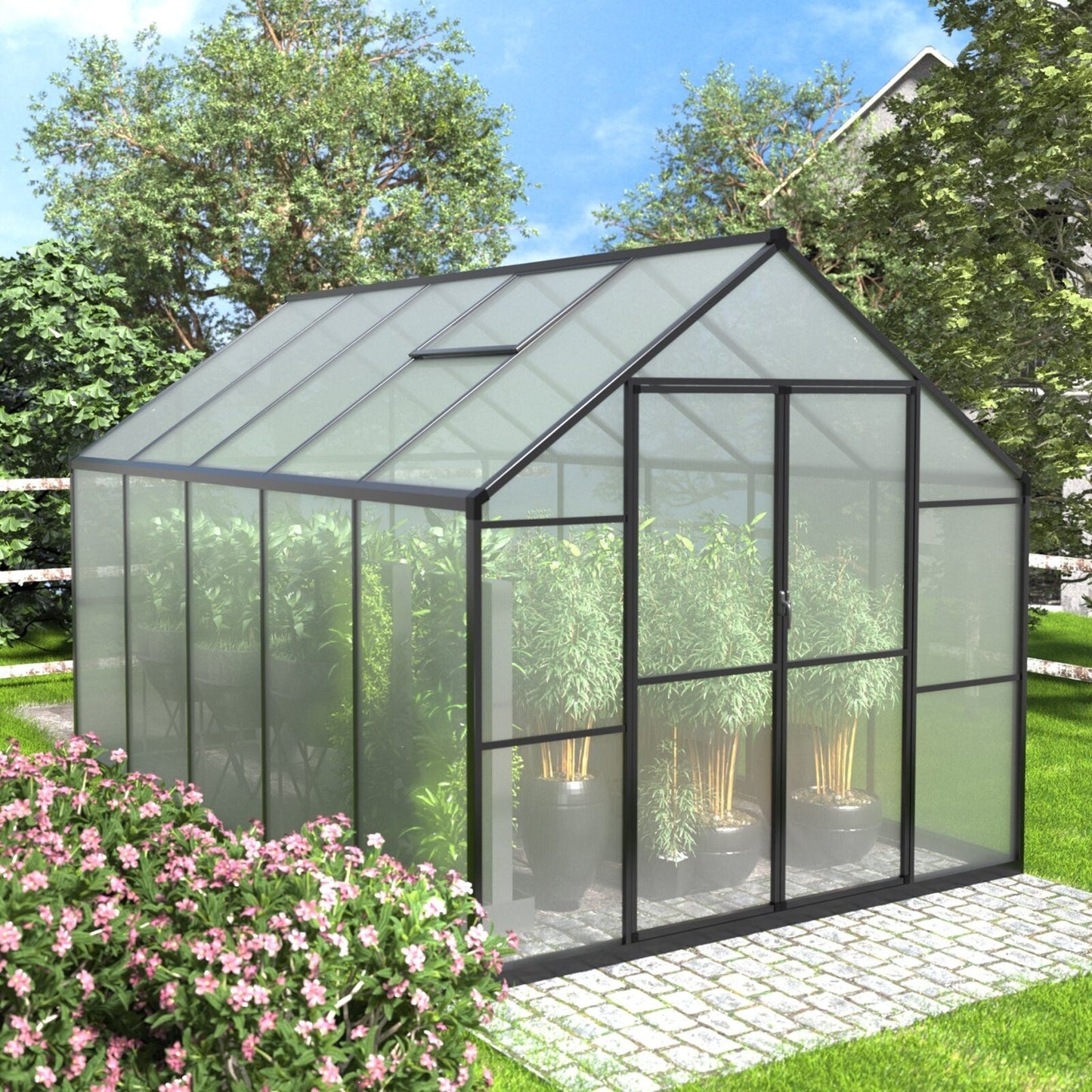 Serre de jardin VEIKOUS en aluminium, gris, avec aération de toit réglable et porte verrouillable.