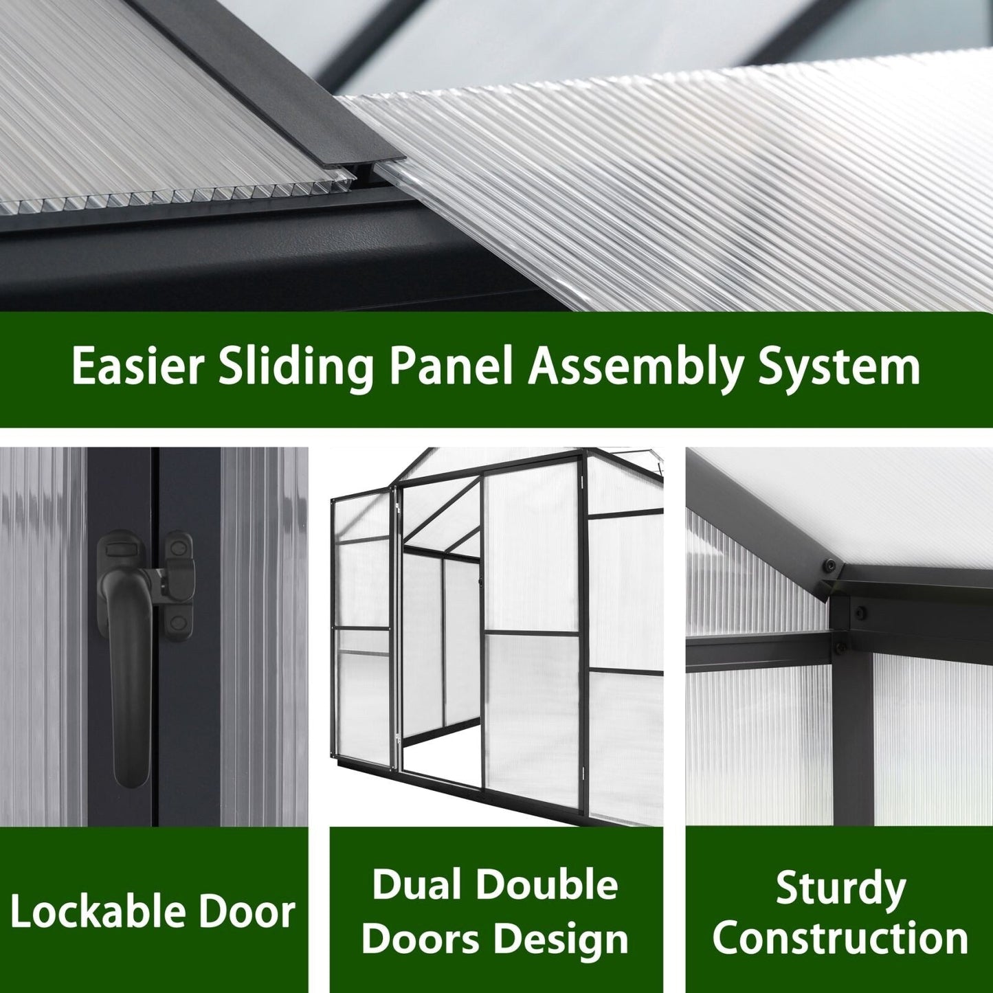 Serre de jardin VEIKOUS en aluminium, gris, avec aération de toit réglable et porte verrouillable.