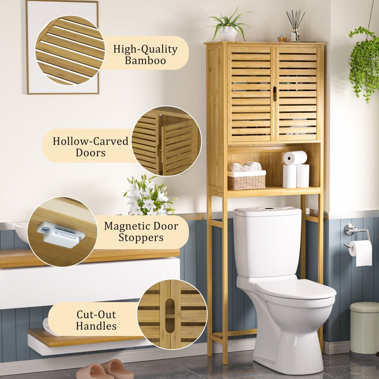 Meuble de rangement VEIKOUS en bambou à placer au-dessus des toilettes, avec étagère réglable et double porte.