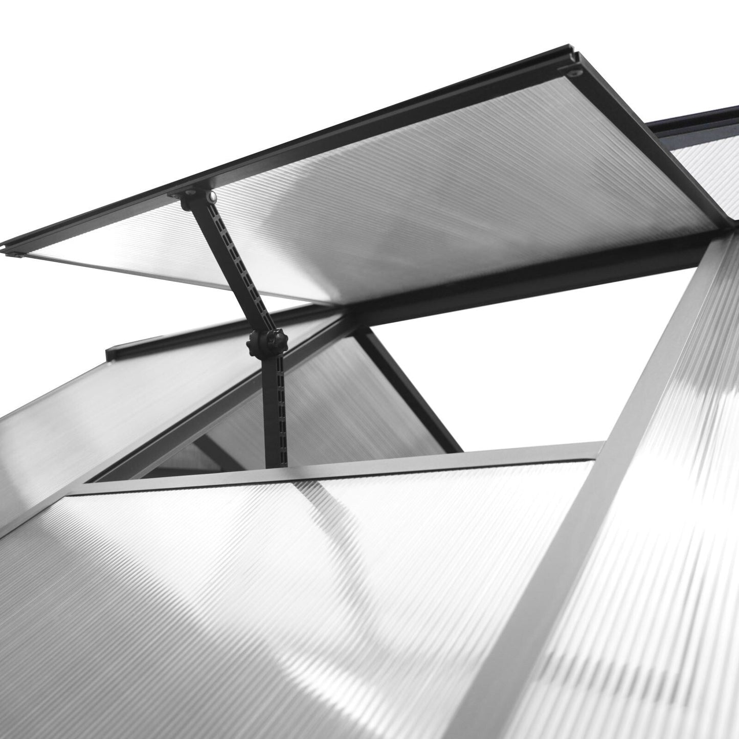 Serre de jardin VEIKOUS en aluminium, gris, avec aération de toit réglable et porte verrouillable.