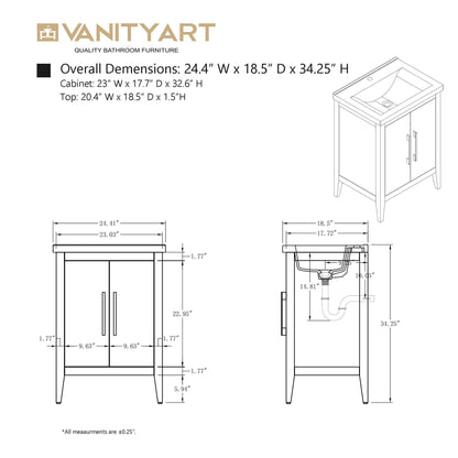 Meuble-lavabo simple vasque Vanity Art 20, 24 ou 30 pouces avec plan de travail en céramique
