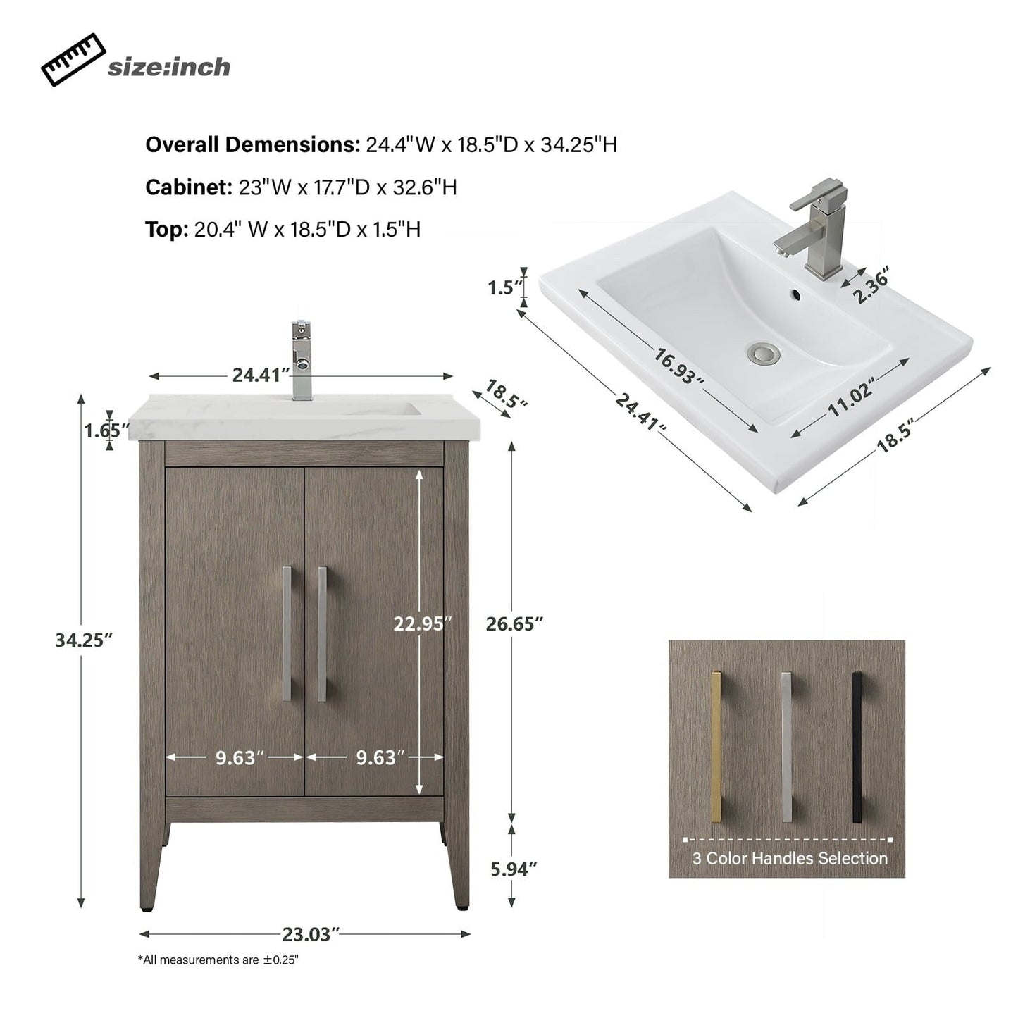 Meuble-lavabo simple vasque Vanity Art 20, 24 ou 30 pouces avec plan de travail en céramique