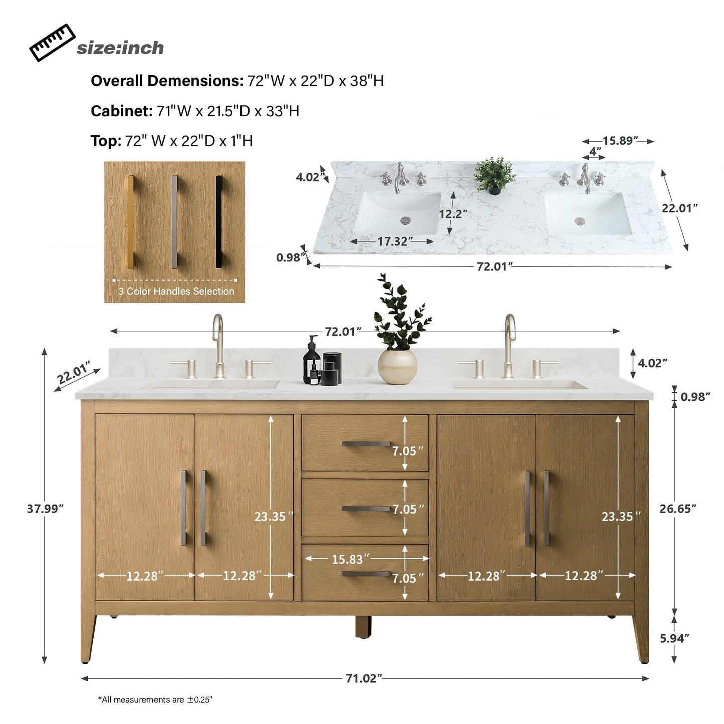 Meuble-lavabo double vasque Vanity Art 72 avec plan de travail en marbre reconstitué