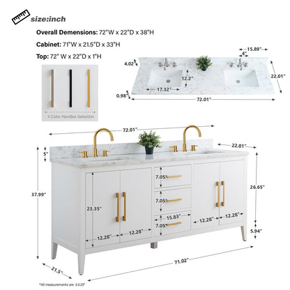 Meuble-lavabo double vasque Vanity Art 72 avec plan de travail en marbre reconstitué