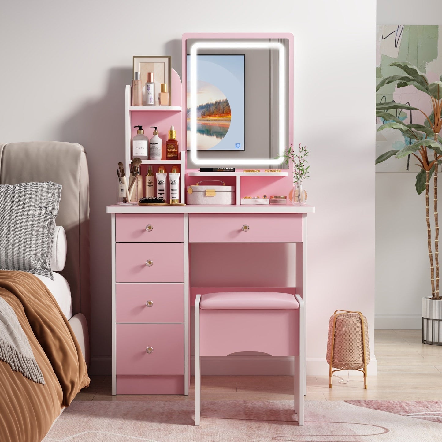 Ensemble coiffeuse avec miroir et lampe, table de maquillage avec tabouret