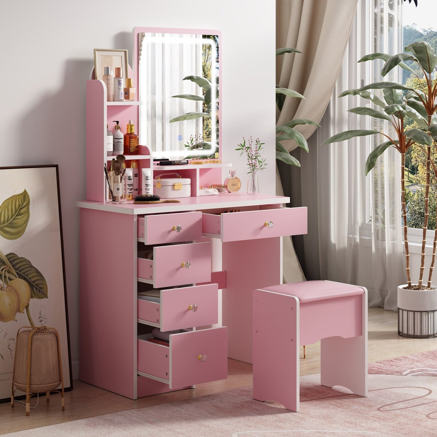 Ensemble coiffeuse avec miroir et lampe, table de maquillage avec tabouret