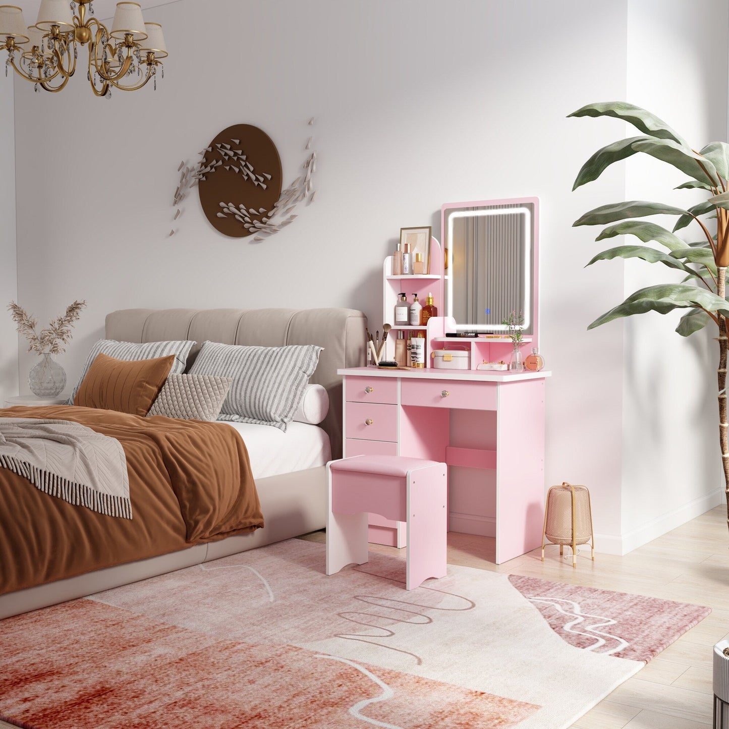 Ensemble coiffeuse avec miroir et lampe, table de maquillage avec tabouret