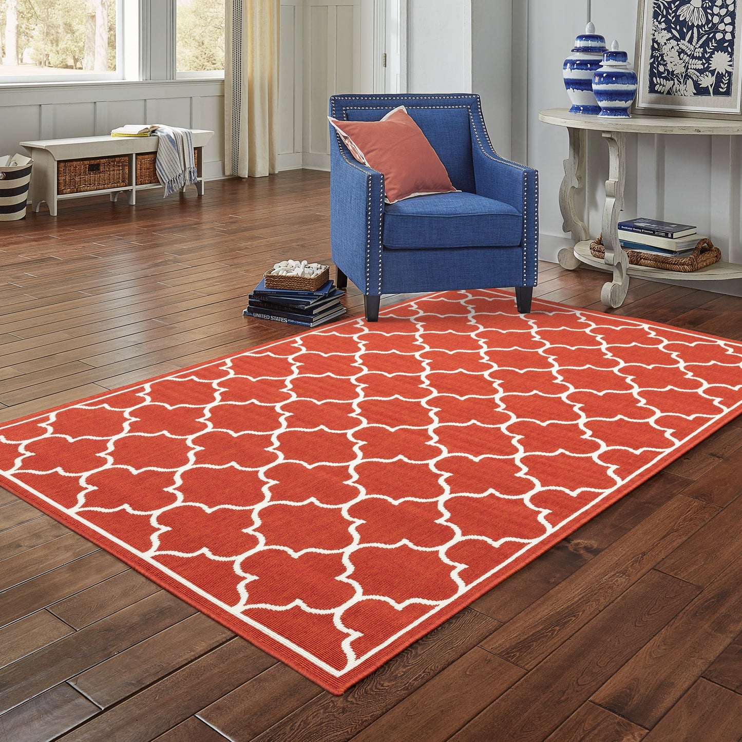 Tapis d'intérieur/extérieur Vista Home Martinique à motif treillis blanc cassé/rouge brique.