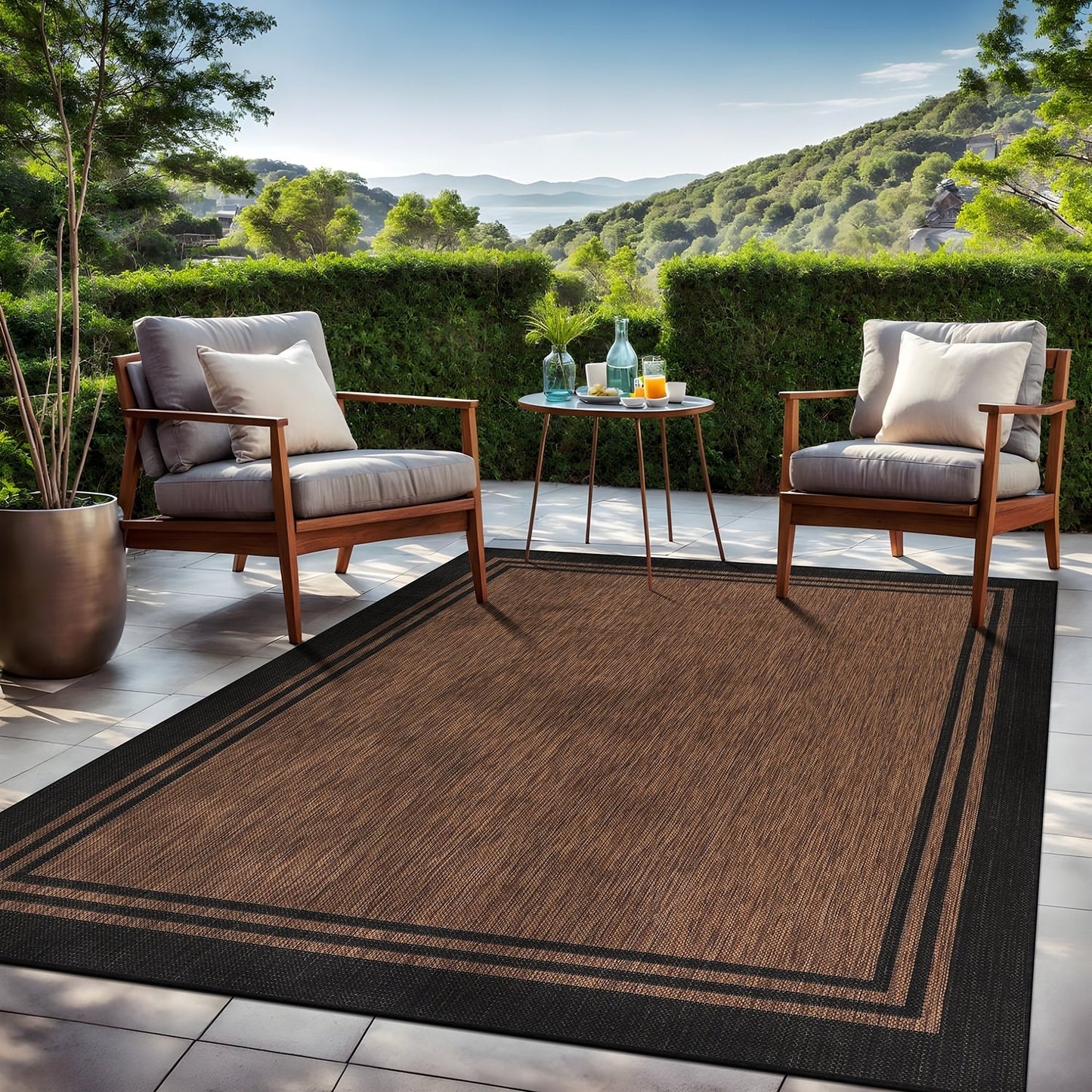 Tapis d'intérieur/extérieur lavable à bordure pour patio, terrasse, porche