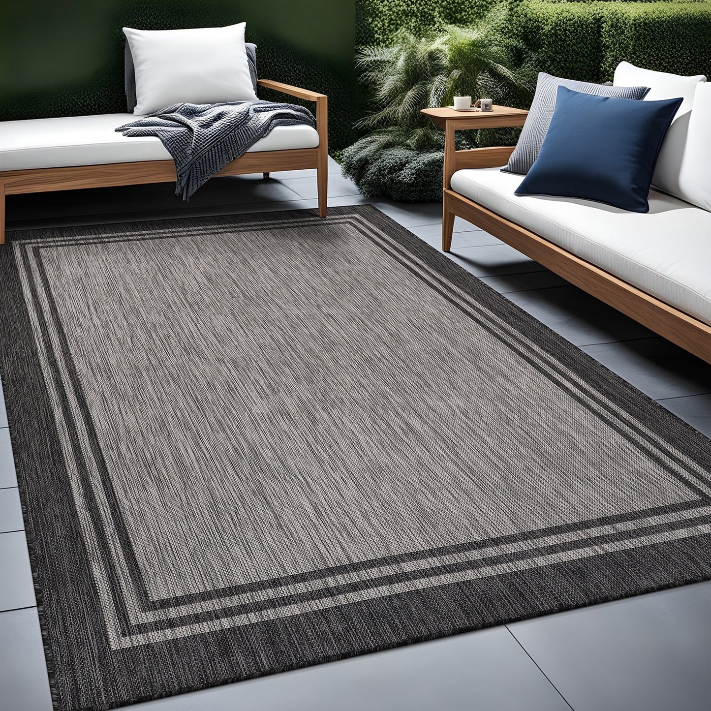Tapis d'intérieur/extérieur lavable à bordure pour patio, terrasse, porche