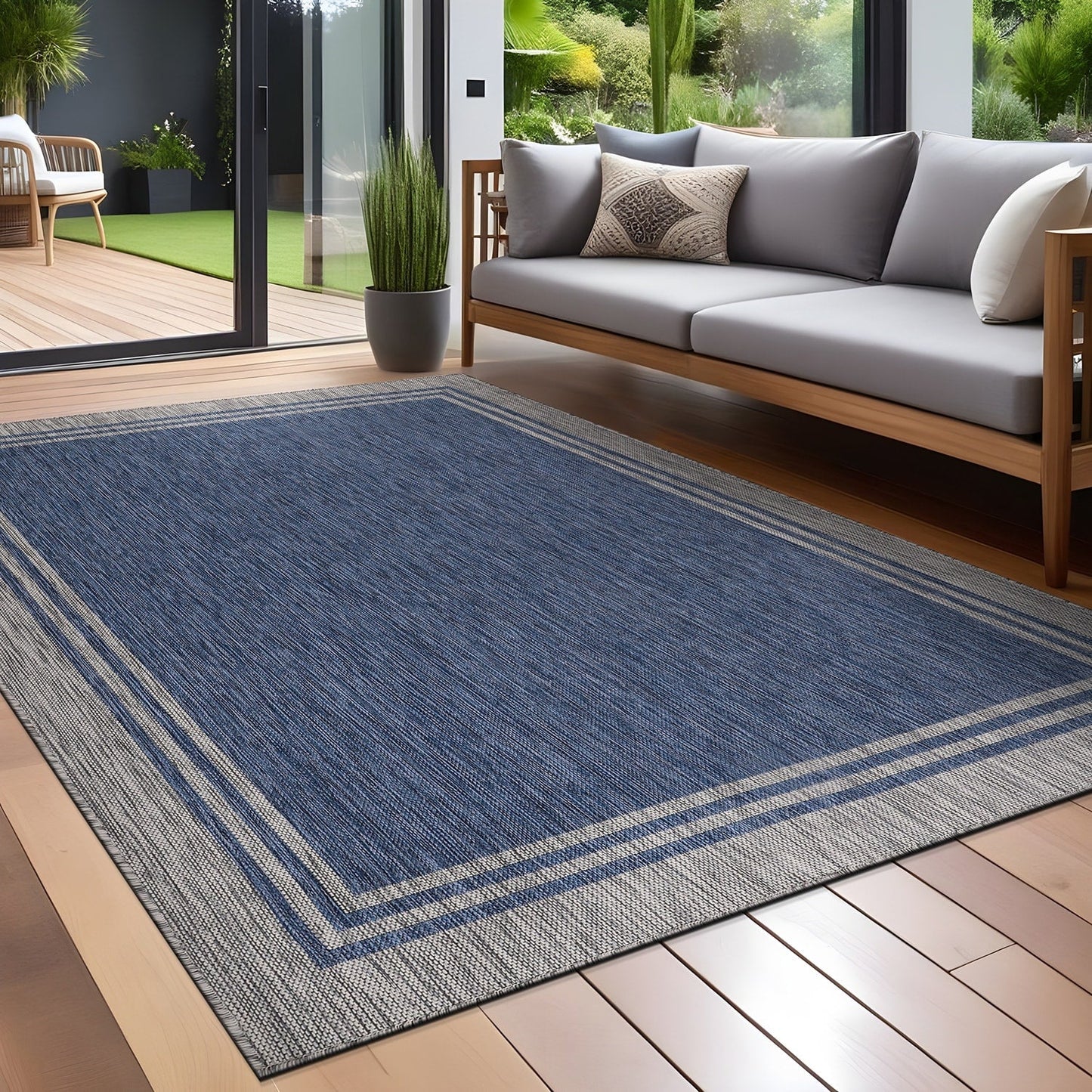 Tapis d'intérieur/extérieur lavable à bordure pour patio, terrasse, porche