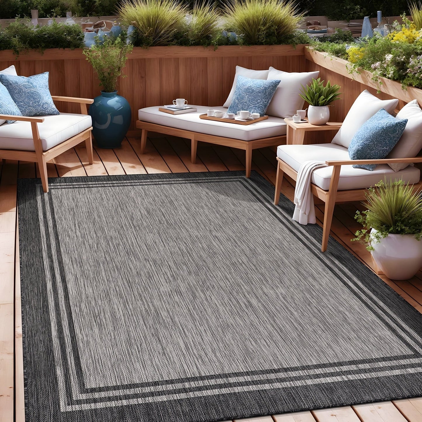 Tapis d'intérieur/extérieur lavable à bordure pour patio, terrasse, porche