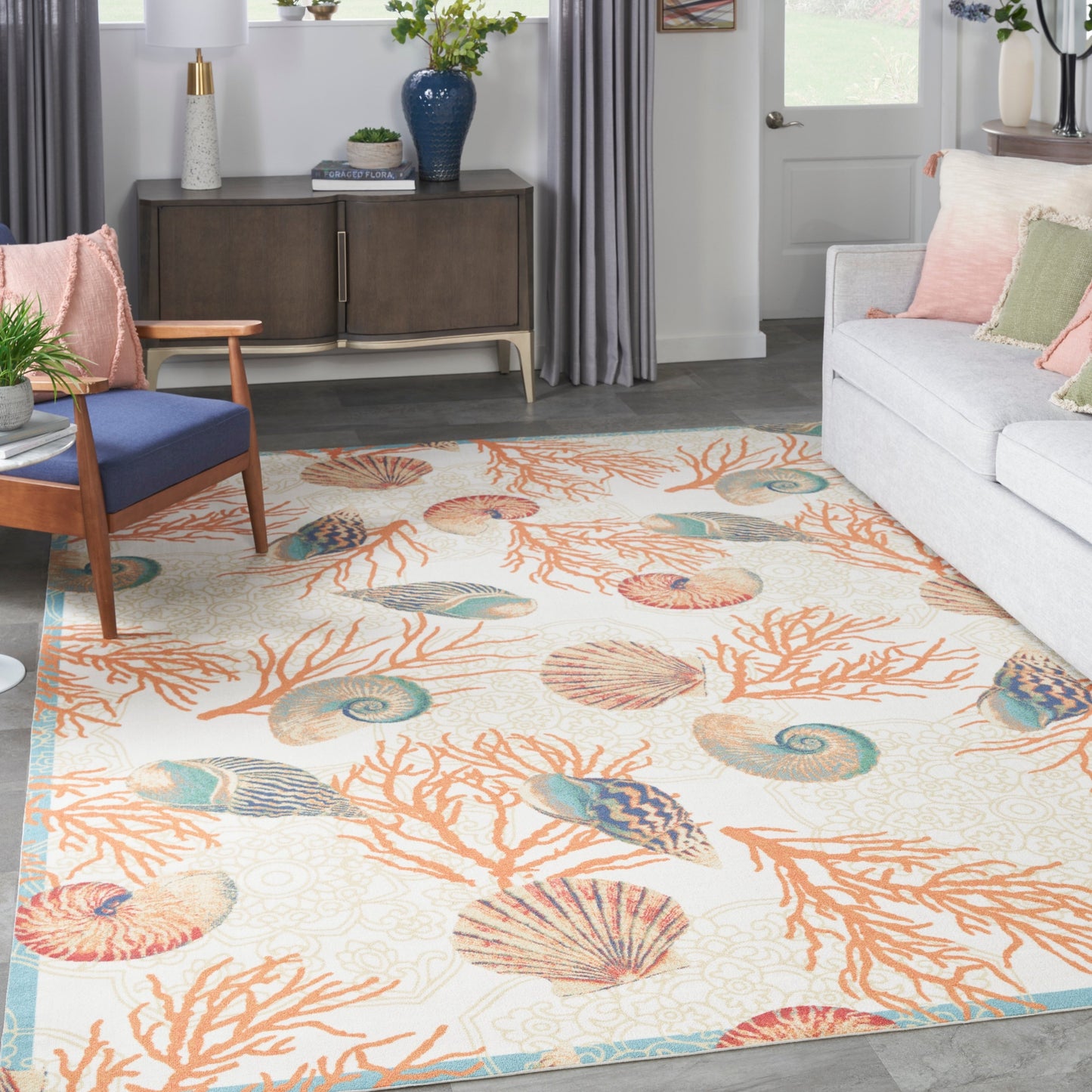 Tapis d'intérieur/extérieur Waverly Sun &amp; Shade Shore Thing Tropical Sea Shell Floral