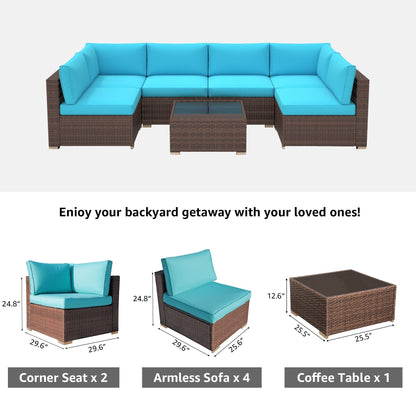 Ensemble de canapés d'angle d'extérieur 7 pièces en osier et acier avec coussins