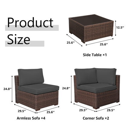 Ensemble de canapés d'angle d'extérieur 7 pièces en osier et acier avec coussins