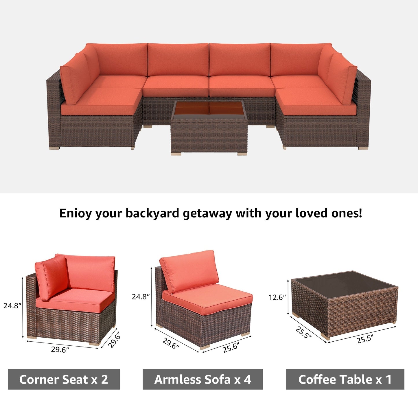 Ensemble de canapés d'angle d'extérieur 7 pièces en osier et acier avec coussins