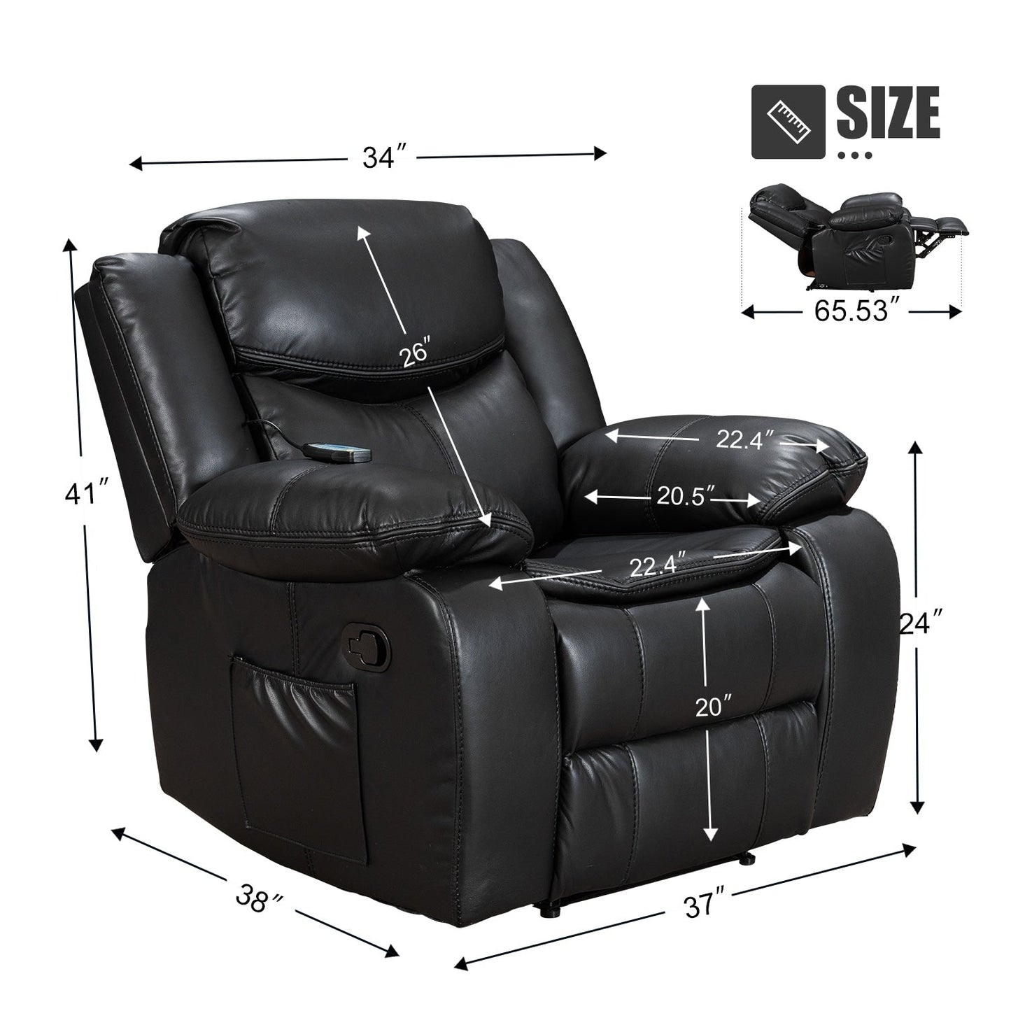 Fauteuil inclinable à large assise en cuir durable avec massage et chauffage