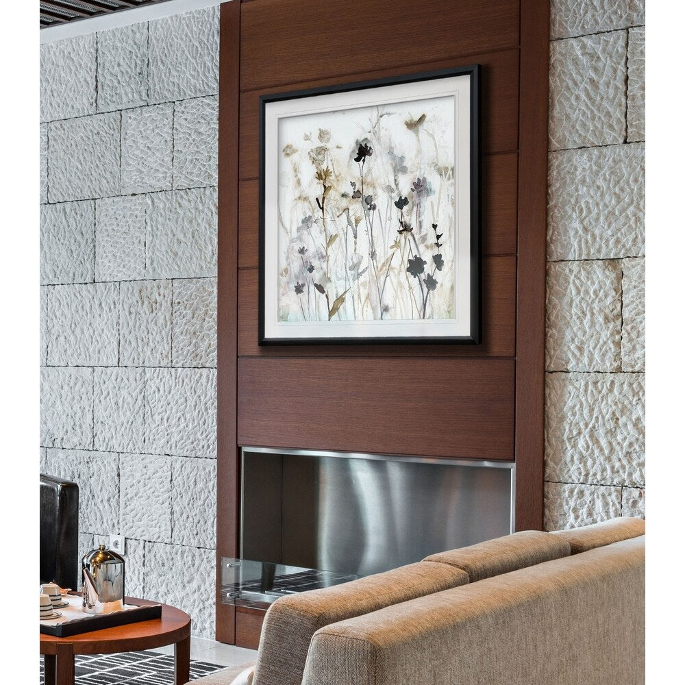 Brume de fleurs sauvages I - Impression encadrée sur mesure - bleu, blanc, gris, jaune, vert, argent, or