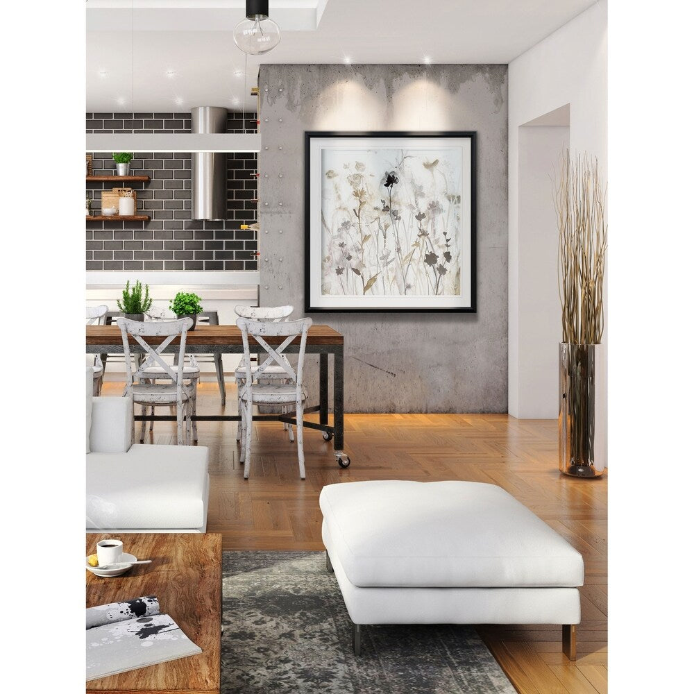 Brume de fleurs sauvages I - Impression encadrée sur mesure - bleu, blanc, gris, jaune, vert, argent, or