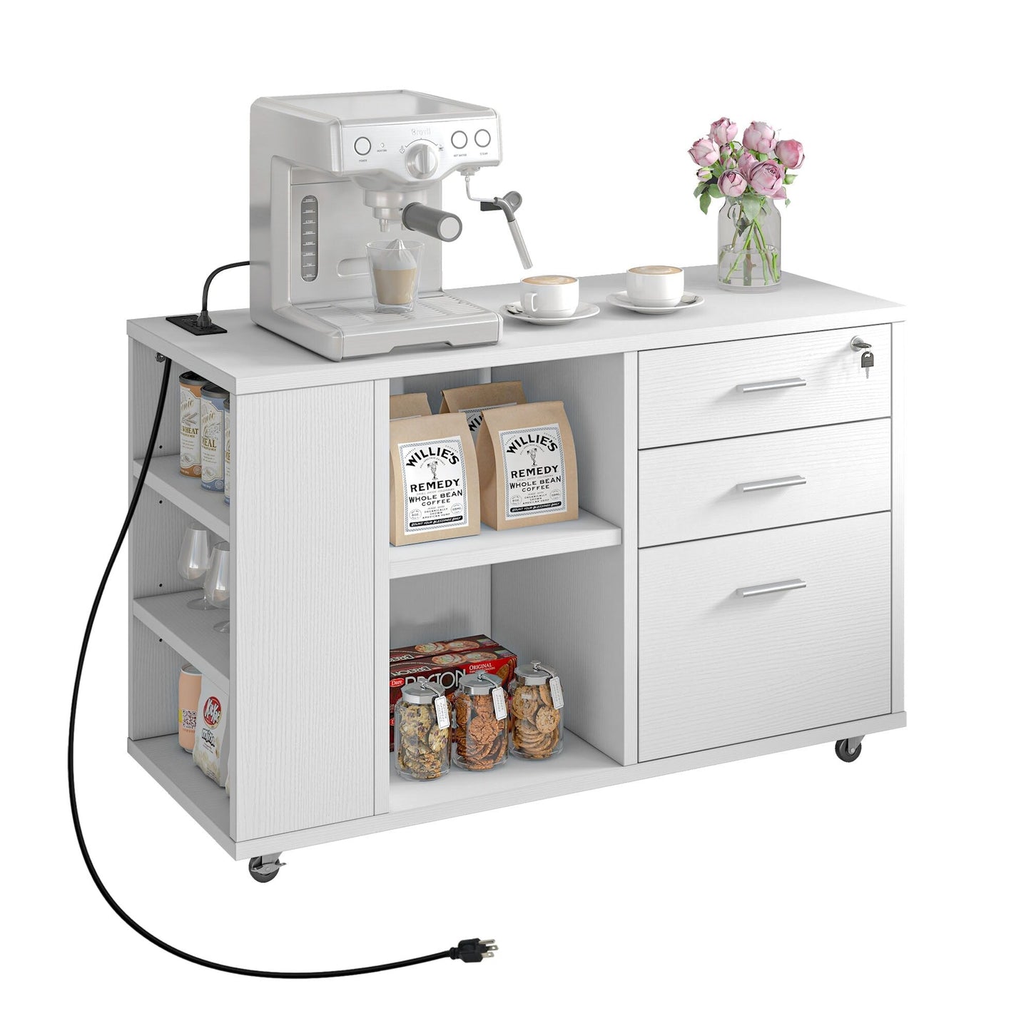 Classeur en bois avec station de recharge, classeur latéral mobile, verrouillable, compatible avec les formats A4, Lettre et Légal