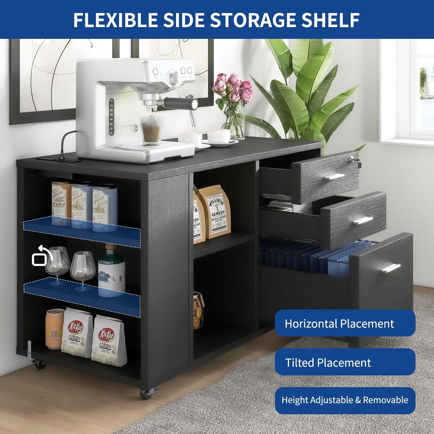 Classeur en bois avec station de recharge, classeur latéral mobile, verrouillable, compatible avec les formats A4, Lettre et Légal