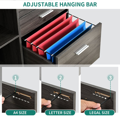 Classeur en bois avec station de recharge, classeur latéral mobile, verrouillable, compatible avec les formats A4, Lettre et Légal