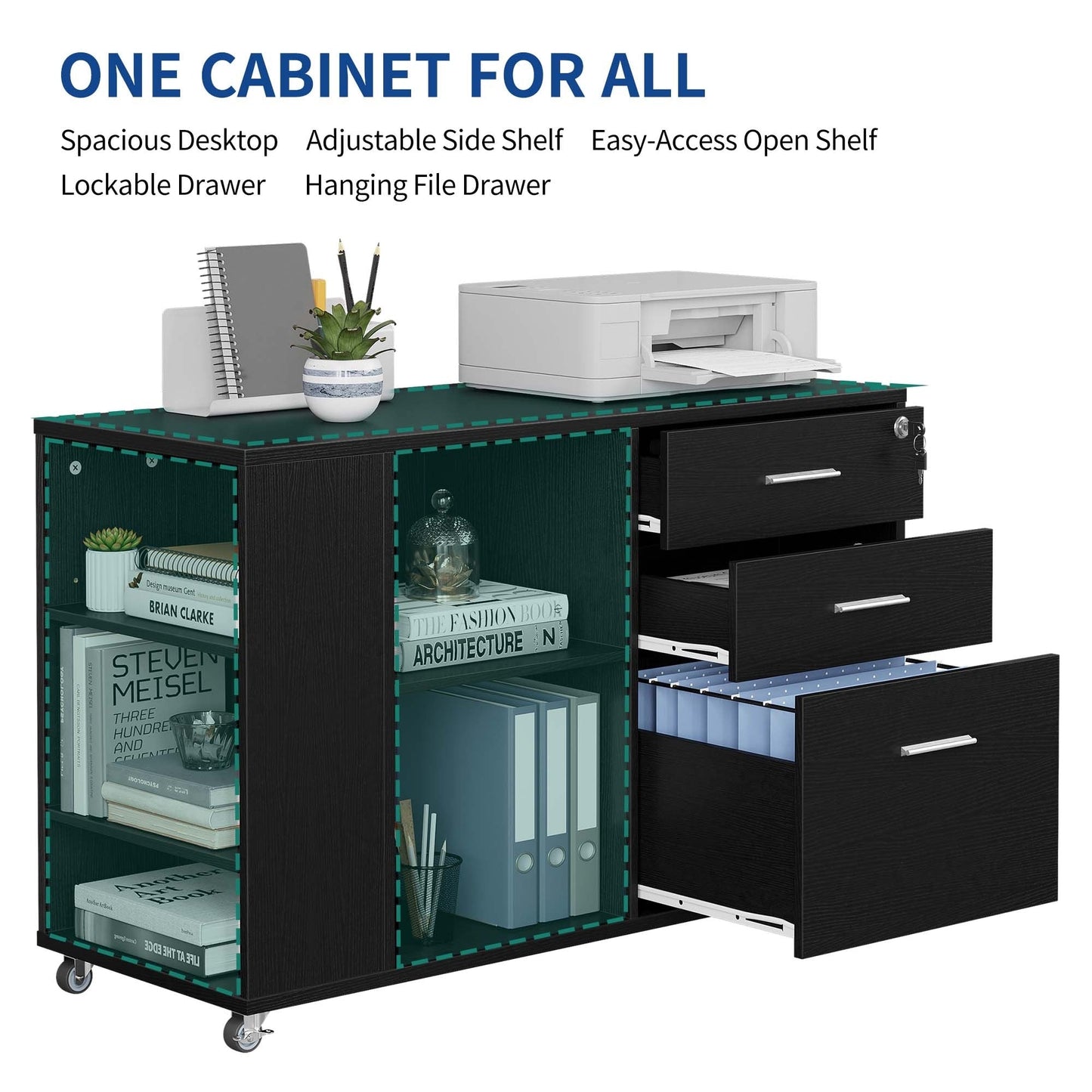 Classeur en bois avec station de recharge, classeur latéral mobile, verrouillable, compatible avec les formats A4, Lettre et Légal