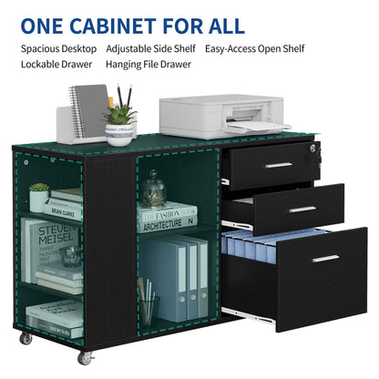 Classeur en bois avec station de recharge, classeur latéral mobile, verrouillable, compatible avec les formats A4, Lettre et Légal