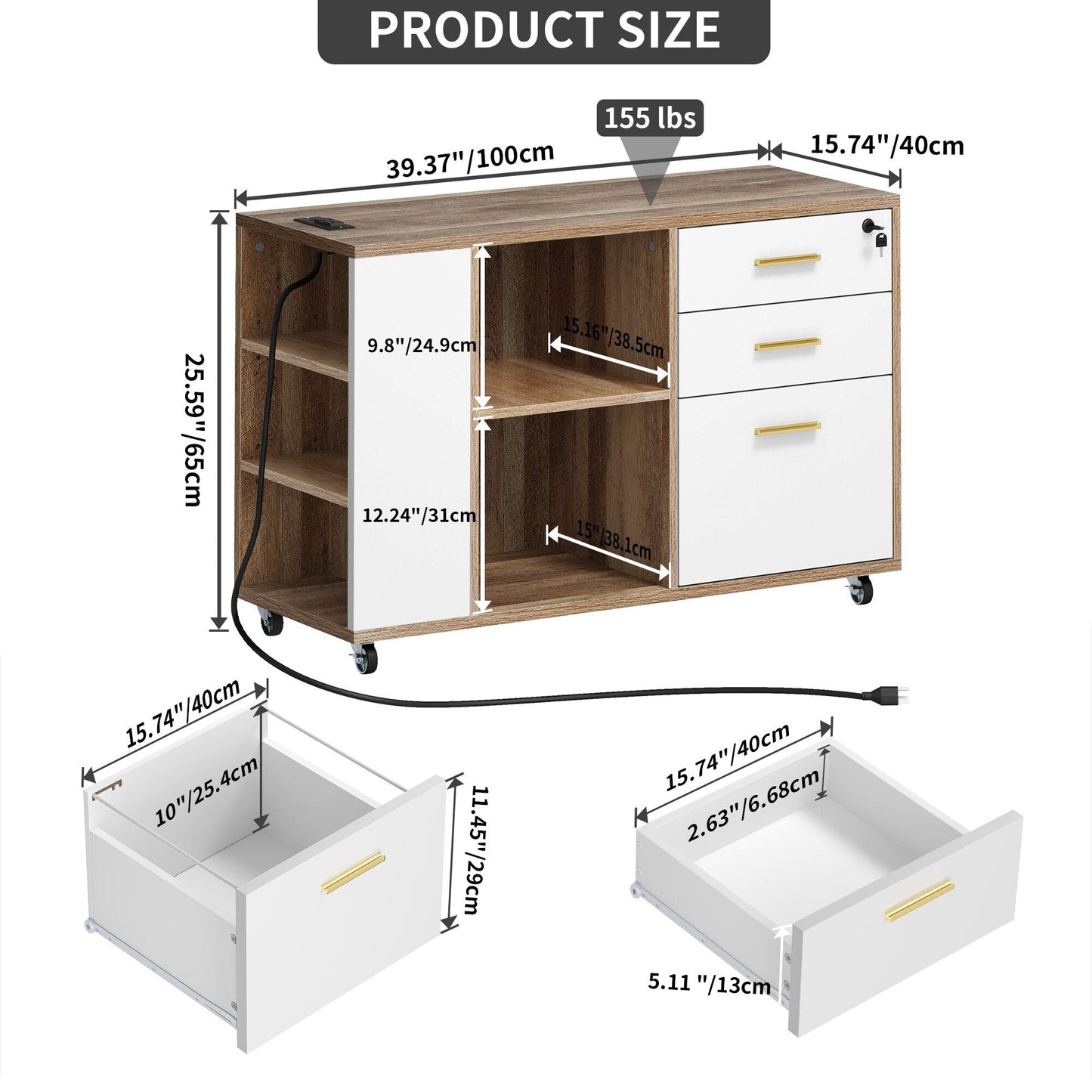 Classeur en bois avec station de recharge, classeur latéral mobile, verrouillable, compatible avec les formats A4, Lettre et Légal