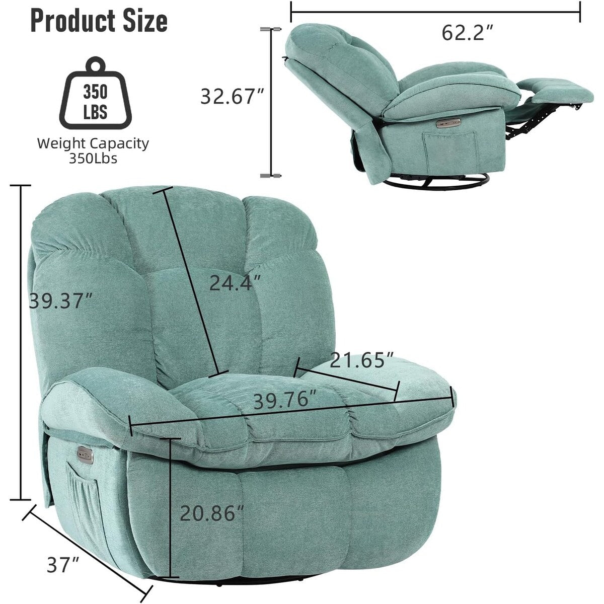 Fauteuil inclinable pivotant électrique XINMICS, fauteuils inclinables à bascule massants avec chauffage, USB, USB-C et poche latérale