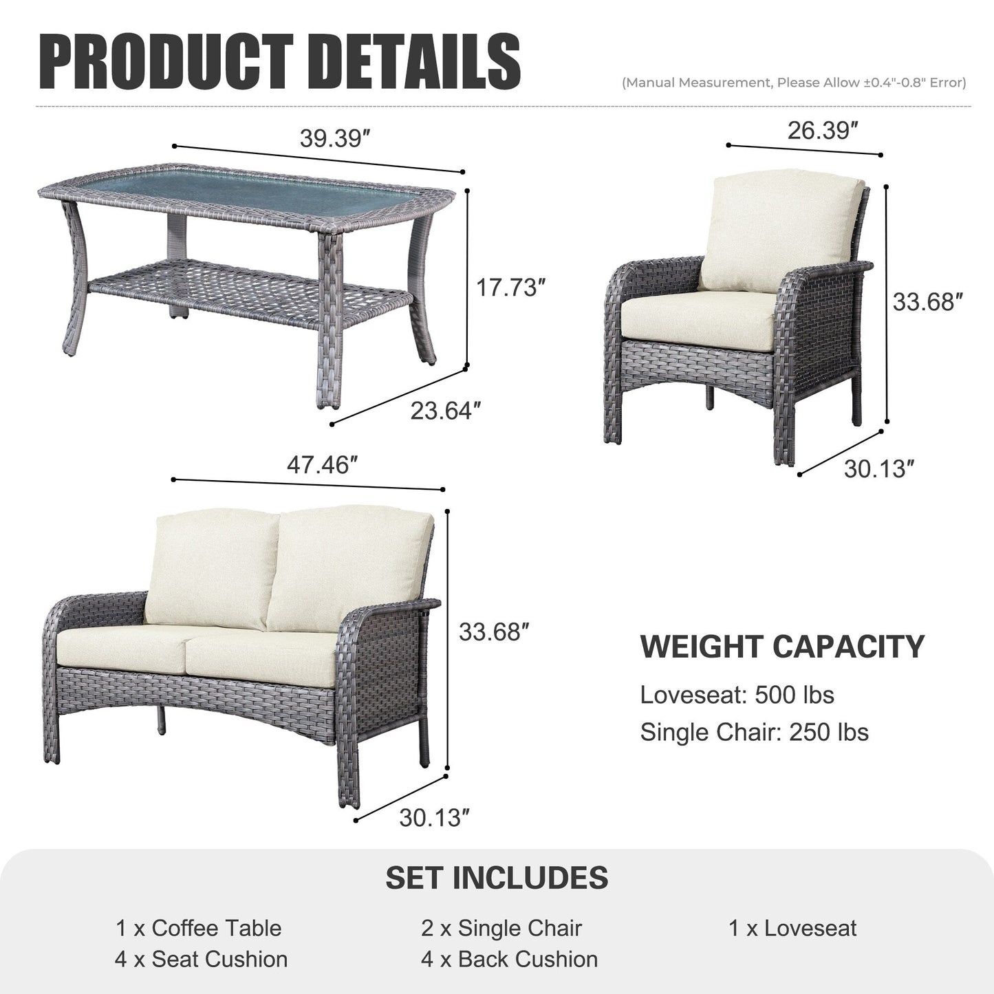 Ensemble de conversation de patio extérieur XIZZI 4 pièces avec table