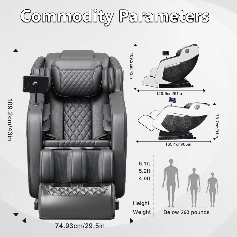 Fauteuil inclinable de massage à gravité zéro avec massage complet du corps, chauffage et audio Bluetooth intégré