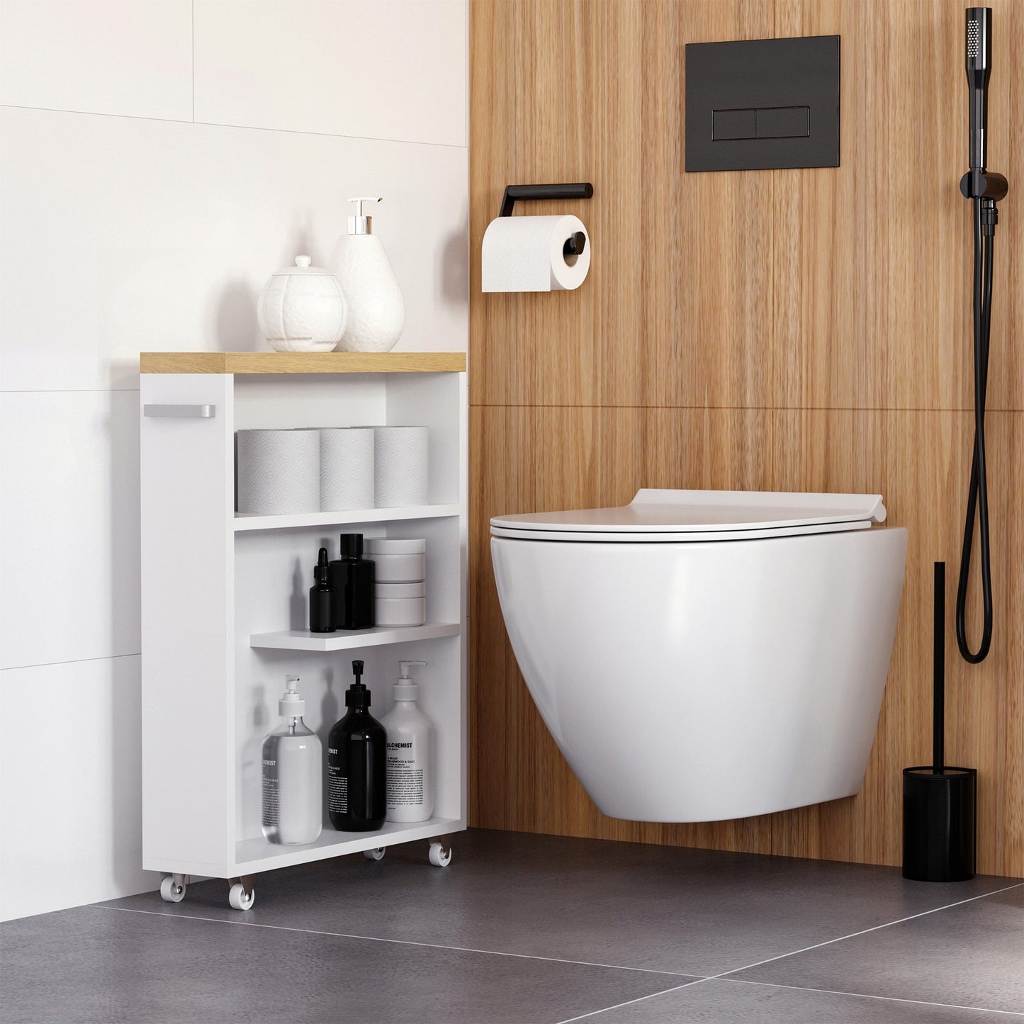 Meuble de salle de bain Kleankin Slim avec roulettes, rangement intégré et étagères en bois, idéal pour les petits espaces, blanc.