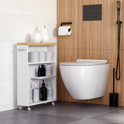 Meuble de salle de bain Kleankin Slim avec roulettes, rangement intégré et étagères en bois, idéal pour les petits espaces, blanc.